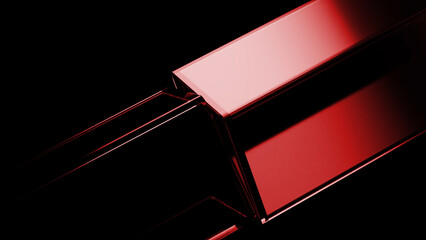Shiny red rectangular prisms intersecting and creating a dynamic and modern composition on a dark...