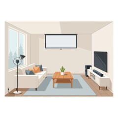 Fototapeta premium Modern living room with sofa television projector screen and coffee table.