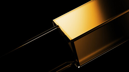 Two intersecting rectangular prisms, one gold and one transparent, create an abstract geometric composition against a stark black backdrop, emphasizing contrasting textures and light reflections
