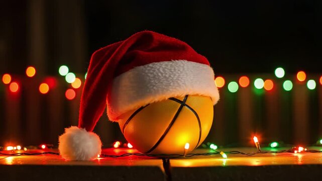 Basketball with Santa hat in Christmas lights, festive holiday sports theme