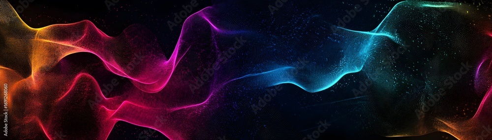 Poster dynamic abstract design with flowing, vibrant colors and a dark background.