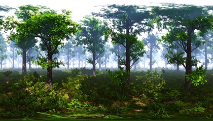 Lush forest scene, misty morning