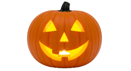 A carved halloween pumpkin with a glowing candle inside, isolated on transparent background