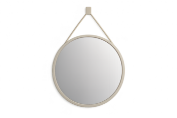 Elegant round mirror with hanging strap, isolated on transparent background