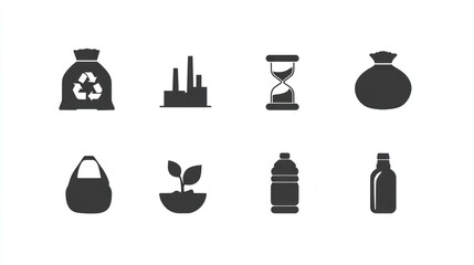 Simple icons of recycle symbol bag, factory, timer, moneybag, pouch, sprout, bottles