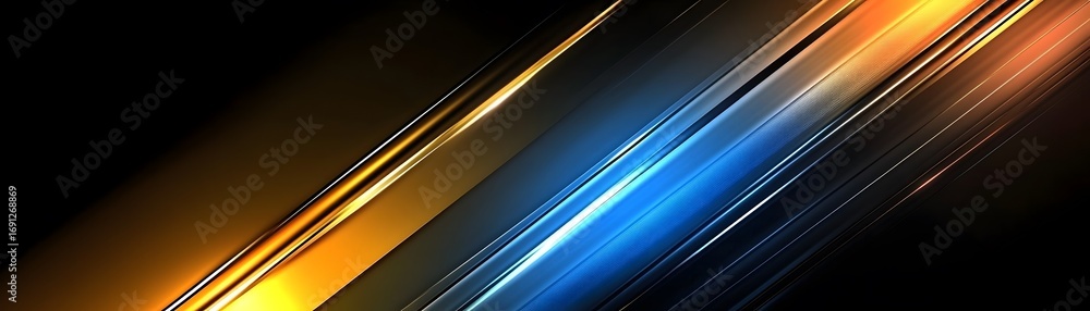 Poster diagonal lines of vibrant orange and blue hues create a dynamic abstract design against a dark backg