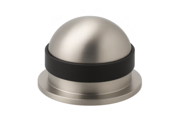 Modern brushed metal door stop with black rubber, isolated on transparent.