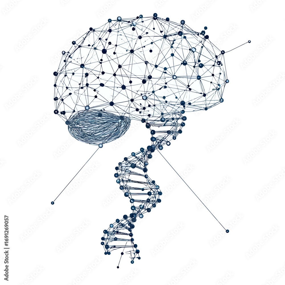 Poster abstract wireframe brain connected to dna double helix structure composed of nodes and lines represe