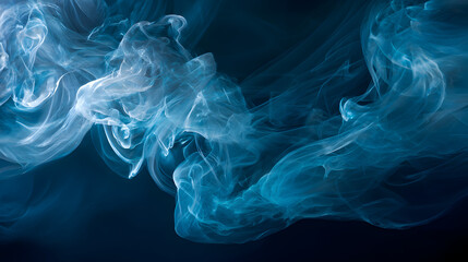 Ethereal blue smoke wisps dance and swirl creating a mesmerizing, abstract, and dynamic visual flow against a dark background.