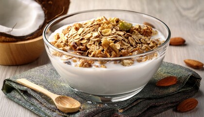 glass bowl filled with coconut milk and muesli
