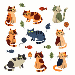 Obraz premium A charming collection of diverse, cute cartoon cats in various playful poses, surrounded by whimsical elements like fish, yarn, and leaves, perfect for cheerful designs.