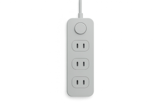 White power strip with three outlets and a switch, isolated transparent
