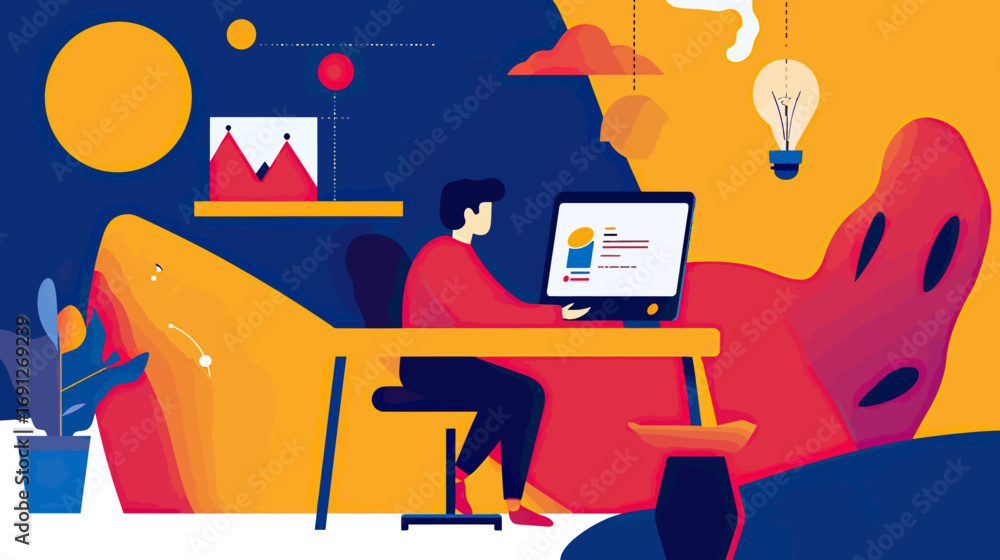 Aufkleber person working on computer with data charts in modern minimalist home office with bright abstract de