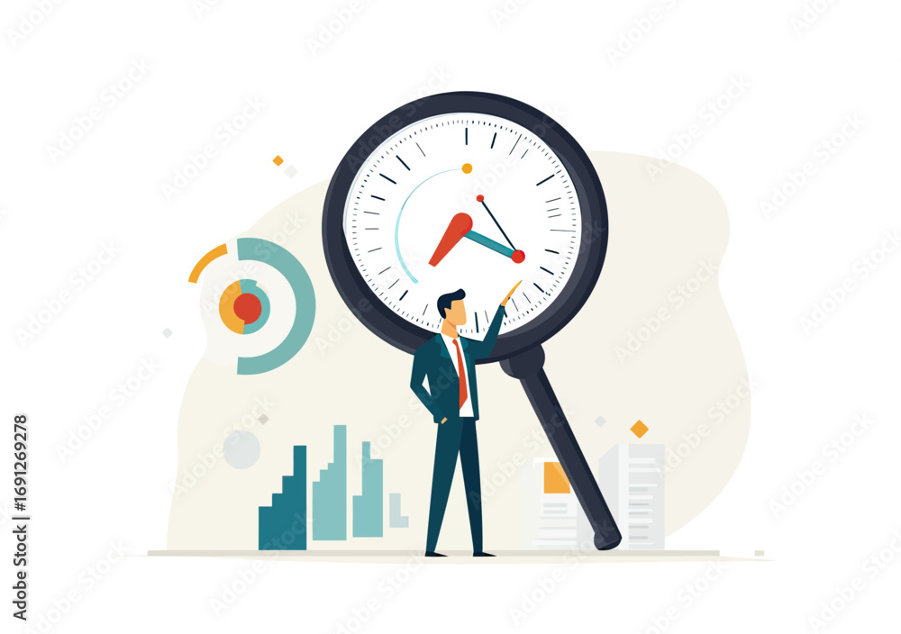 Poster businessman analyzing time management and productivity with magnifying glass over clock and bar char