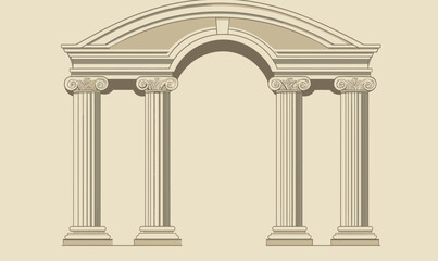 Detailed vintage vector illustration of classic Roman arch with fluted columns and decorative capitals in minimalist antique architectural style