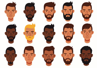 A diverse collection of illustrated male headshots showcasing various skin tones, hair colors, and facial hair styles, perfect for modern design projects.