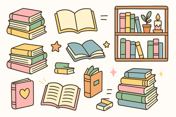 Cartoon books and reading set cute doodle pastel vector illustrations isolated on white background