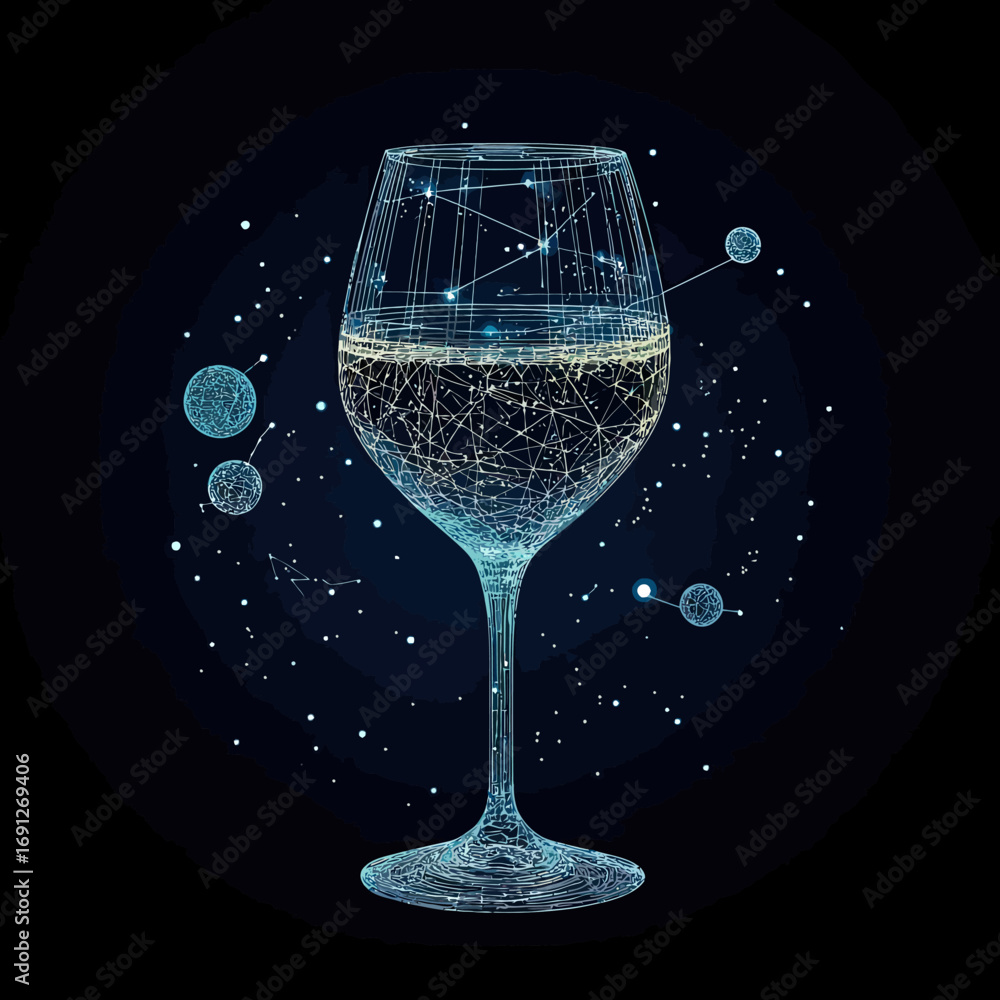 Poster Wireframe glass of wine with interconnected starry network and glowing planets in cosmic space abstract technology vector design illustration