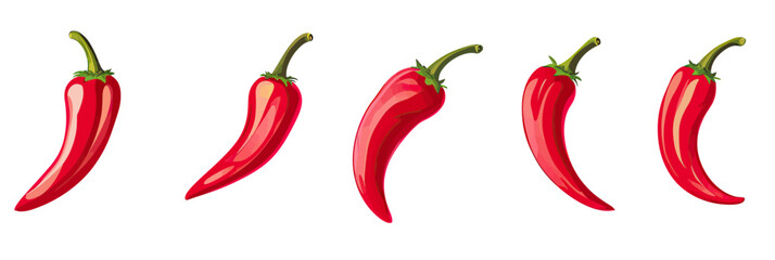 Red chili pepper set fresh ripe spicy vegetable collection isolated on white background with green stems for cooking and food design illustration