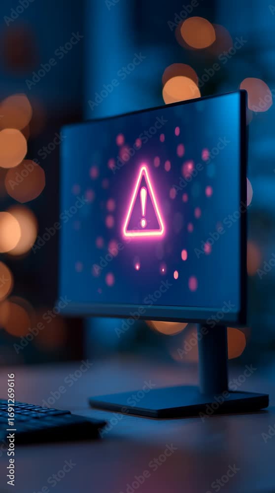 Aufkleber animated neon warning sign appearing on computer monitor screen as abstract particles move around it