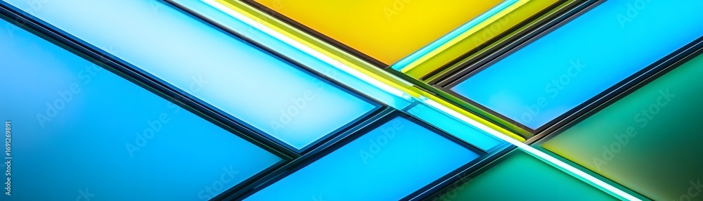 Poster vibrant, geometric shapes create a dynamic abstract design featuring bold colors and intersecting li