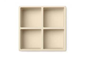 Empty cream-colored four-section square tray isolated on transparent background.