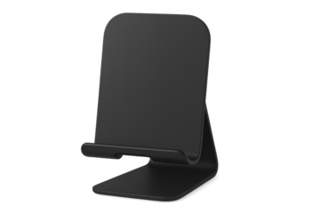Modern black smartphone stand isolated on transparent background, sleek design