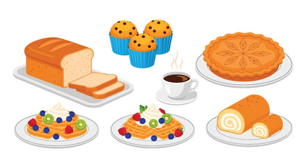 Set of flat style vector illustrations of desserts and baked goods including pie, waffles with cream and fruit, roll cake, bread, muffins, and coffee, perfect for bakery and café design