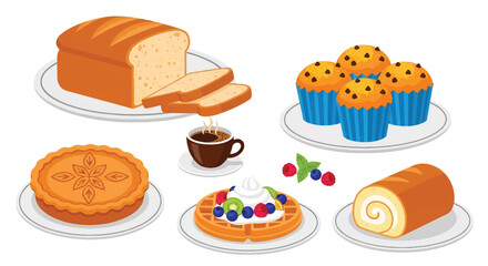 Set of flat style vector illustrations of desserts and baked goods including pie, waffles with cream and fruit, roll cake, bread, muffins, and coffee, perfect for bakery and café design
