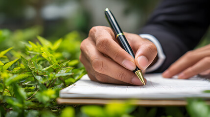 Professional businessman meticulously writing notes in a tranquil outdoor setting, capturing ideas amidst lush greenery and soft light.