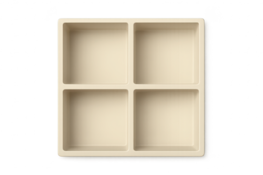 Empty cream-colored four-section square tray isolated on transparent background.