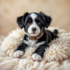 A small, black and white puppy lies comfortably on a plush, cream-colored blanket and pillow