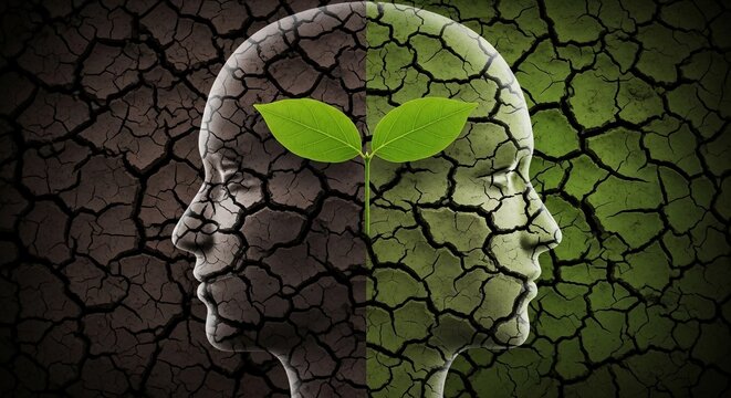 Transforming despair to hope, a mind sprouts new growth amidst cracked earth and green renewal