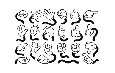 Retro cartoon gloves pointing and gesturing in black and white style