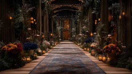 A meticulously decorated pathway, lined with vibrant floral arrangements and warm, inviting lanterns, creates a magical ambiance.