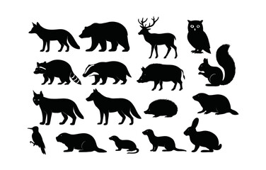 Wildlife animal silhouettes: fox, bear, deer, owl, and more