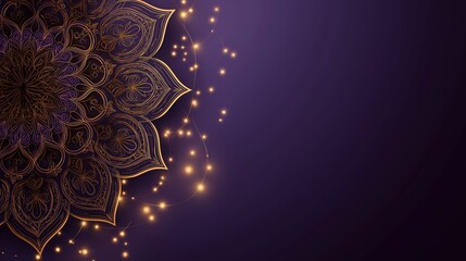 Golden mandala patterns with light particles on purple background