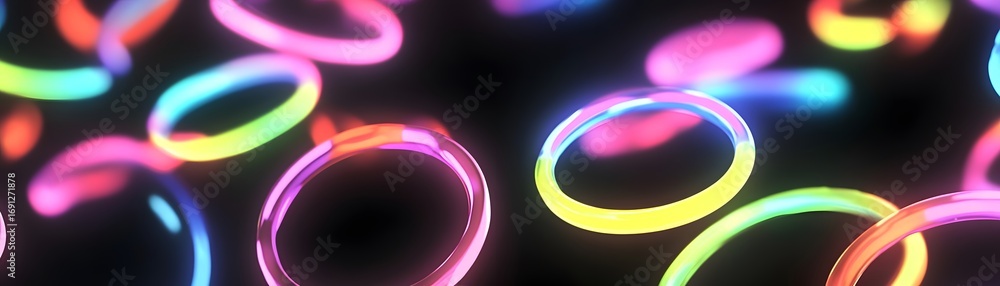 Poster multicolored glowing rings create a vibrant and dynamic display against a dark backdrop.