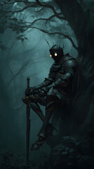 Fototapeta premium Mysterious armored figure with glowing eyes rests with sword in dark, foggy forest, evoking intrigue and fantasy.