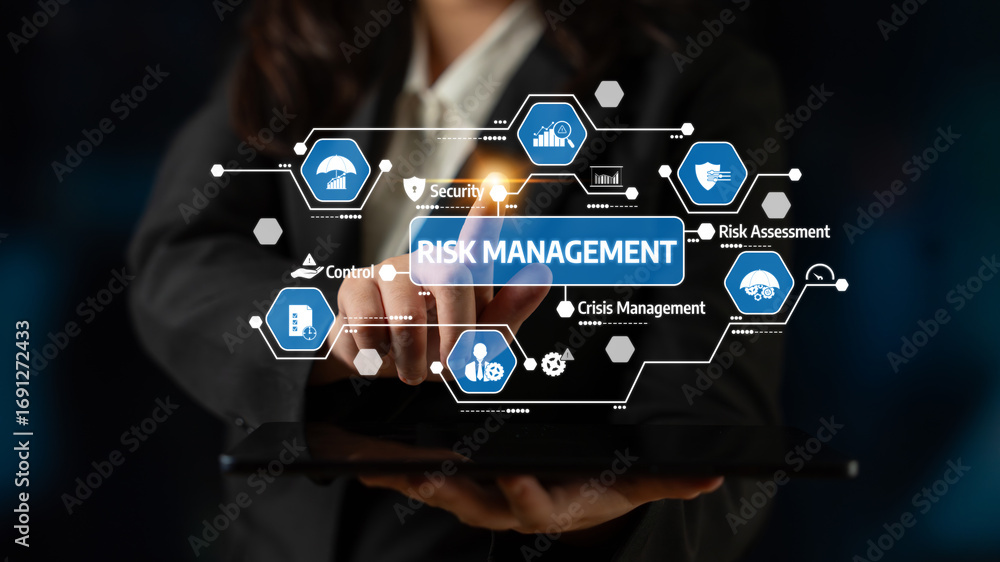 Poster a business professional is demonstrating risk management concepts using a tablet. the image highligh