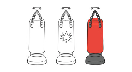 Vector illustration set of a punching bag for combat sports. Features outline, icon, and flat color designs for gym and fitness concepts