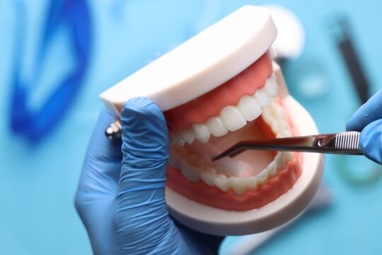 Dentisty holding a mounth model and showing how to clear the teeth