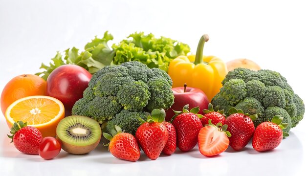 A vibrant assortment of fresh fruits and vegetables, including strawberries, apples, oranges, lettuce, broccoli, a kiwi, bell pepper, and a tomato, all arranged on a white surface - Powered by Adobe