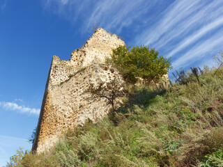 Ruins of medieval Gothic Tyrov Castle, fortress in Czech Republic, perched high on rocky slope...