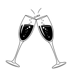 Two Champagne Flutes Toasting, Black and White Illustration