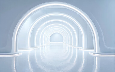 Obraz premium Modern futuristic tunnel with glowing arches and reflective floor