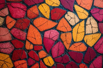 Colorful autumn leaves arranged in a mosaic pattern, showcasing vibrant reds, oranges, and yellows, creating a warm and inviting seasonal background with copy space