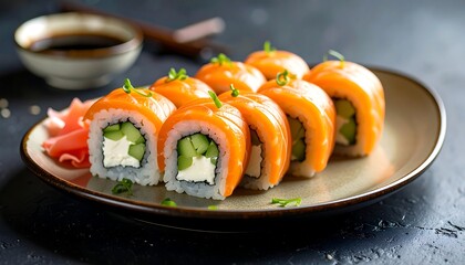 Close-up of a colorful, Japanese sushi roll presentation on a ceramic plate. Includes pickled ginger, soy sauce, and chopsticks. A delicious food arrangement