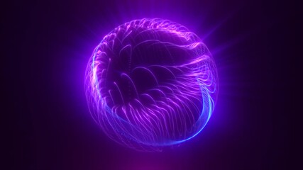 Glowing abstract sphere with purple and violet flowing lines, emitting radiant light in a dark digital space - Powered by Adobe