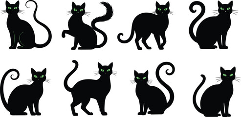 Stylized black cat silhouettes with glowing green eyes and varied tail poses for Halloween, spooky themes, fantasy design, and mystical illustration